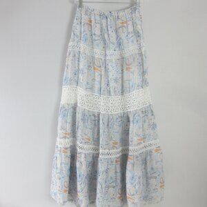 Temptation Positano Linen Maxi Skirt Womens Medium Blue Paisley Lace Tiered